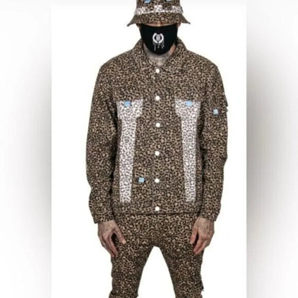 NWT The Hideout Clothing Men’s Tropics Leopard Denim Button Down Jacket - 3XL